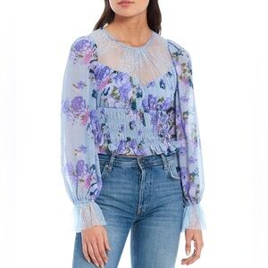 Free People Daphne Floral Lace Sheer Smocked Hem Long Sleeve Blouse